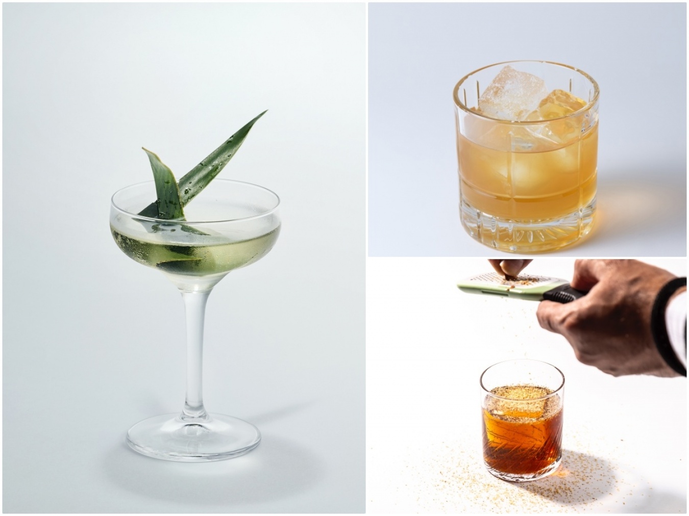 左:長友さんによる黒糖焼酎ベースの「SANEN-SAPIN〜サネン-サパン」は、喜界島酒造の「喜界島」に月桃の葉を1晩漬け込み、クラリファイした甘酒とリキュール ド サパンを加えてステア。ガーニッシュに月桃の葉を飾ります。 右上:デークさんの「The Vault」は尾鈴山蒸留所の「尾鈴山 山翡翠」(米焼酎)にココナッツミルクやココナッツクリーム、塩麹などをあわせたビルドスタイルのカクテル。ガーニッシュにフリーズドライした麹米を添えています。右下:デベンダーさんの「Utsav」は、麦焼酎「中々」をベースに、ビターリキュール「スカーレット アマーロ」やベルモットを組み合わせました。ギーを用いたファットウォッシュで厚みのあるテクスチャーとコクを加えているのがポイント。