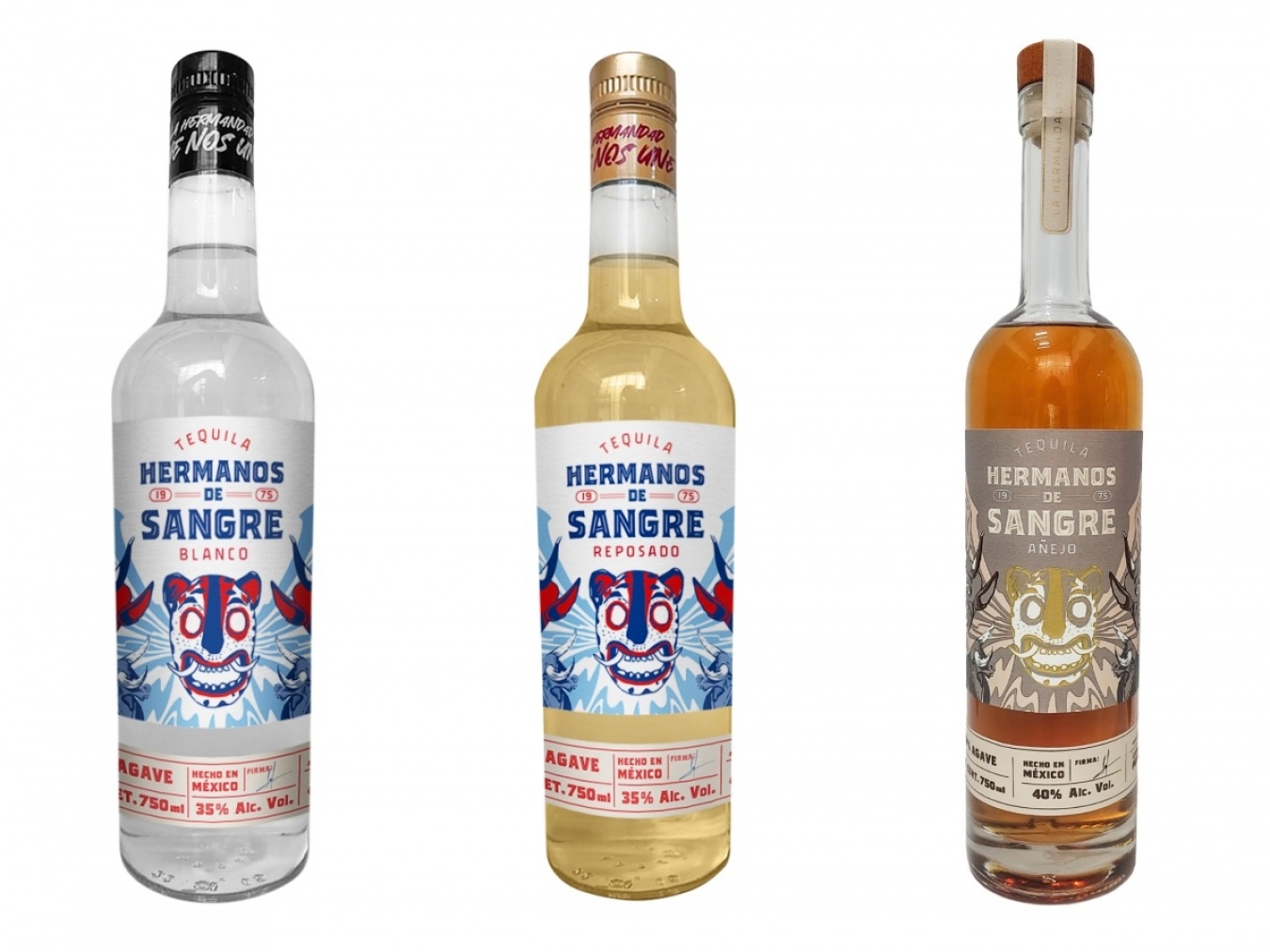 ラベルに描かれたハグアル（ジャガー）、ディアブリート（小さな悪魔）、トリート（小さな雄牛）のキャラクターが目印。左からブランコ、レポサド、アニェホ