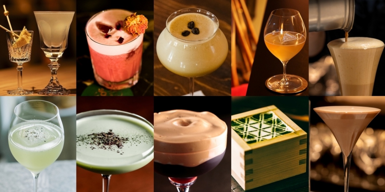 上段左から 11位: Pisco Sour of the Sun (BAR CROSSING ), 12位: Carnival (BKK Social Club), 13位: Espresso Martini (KARUDA), 14位: Illumination (Grace Note), 15位: Tom & Jerry (Chocolaterie & Bar ROND-POINT ), 下段左から 16位:Wine Of Citrus Heart (Zentis Osaka UPSTAIRZ), 17位: Matcha Grasshopper (The Bar Top Note Ⅲ), 18位:Over Espresso Martini (Bar K-9), 19位:Matcha Whisky Sour (Bar Alegre), 20位:Alexander (Chocolaterie & Bar ROND-POINT)