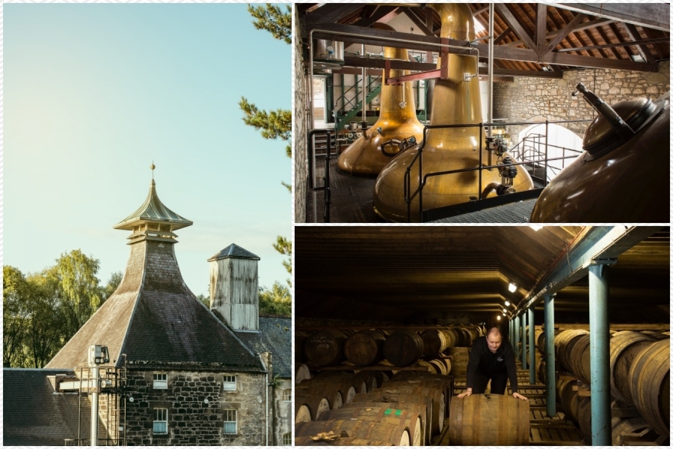 左は著名な建築家、チャールズ・ドイグによって設計されたキルン（乾燥棟）のパゴダ屋根。蒸溜所では伝統を大切にしながら近代的な設備も投入している。写真提供：SPEYBURN