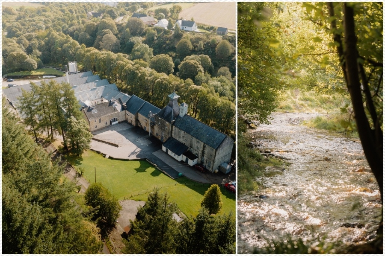 豊かなスコットランドの自然の中にあるSPEYBURNの蒸溜所。右は鮭が棲む清流「グランティ・バーン」。「こうしたスコットランドの素晴らしい景色を眺めながら飲むウイスキーは格別ですよ」とバクスターさん。写真提供：SPEYBURN